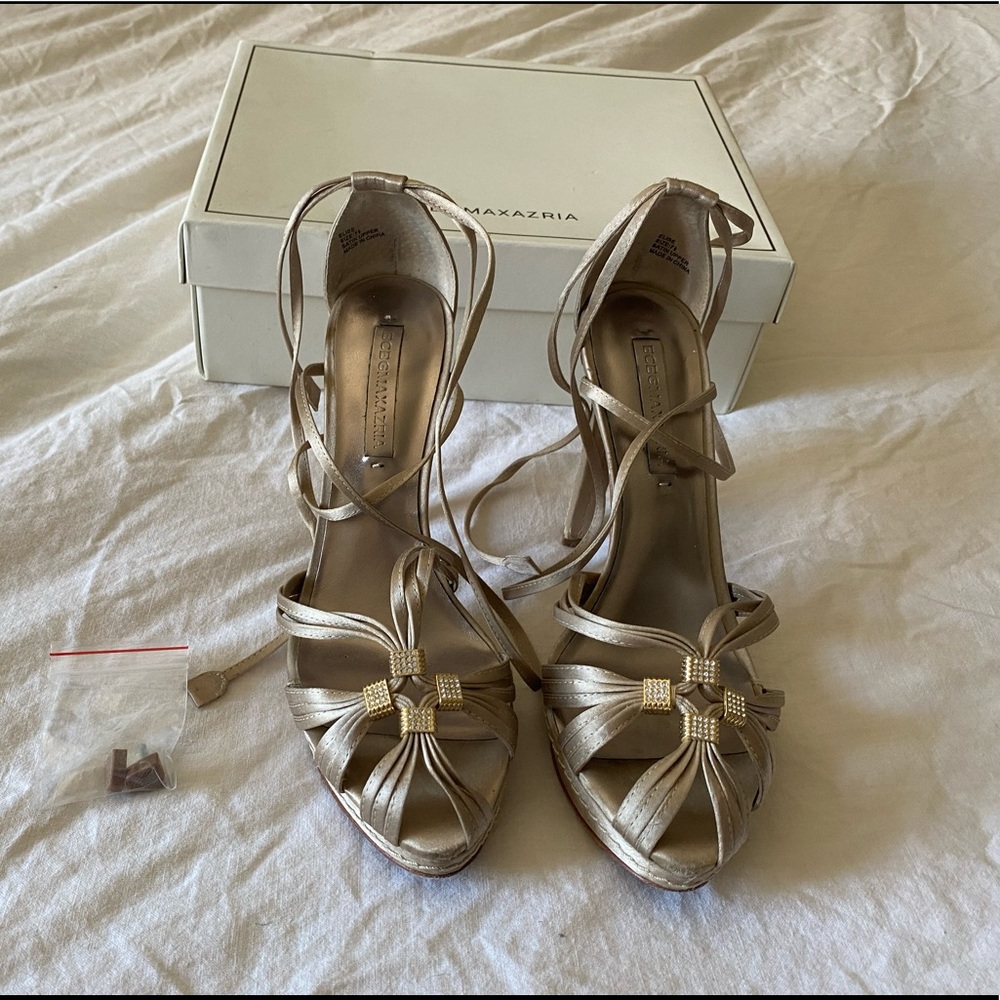 BCBGMaxAzria size 7.5 Elise Champagne Satin open toe heels